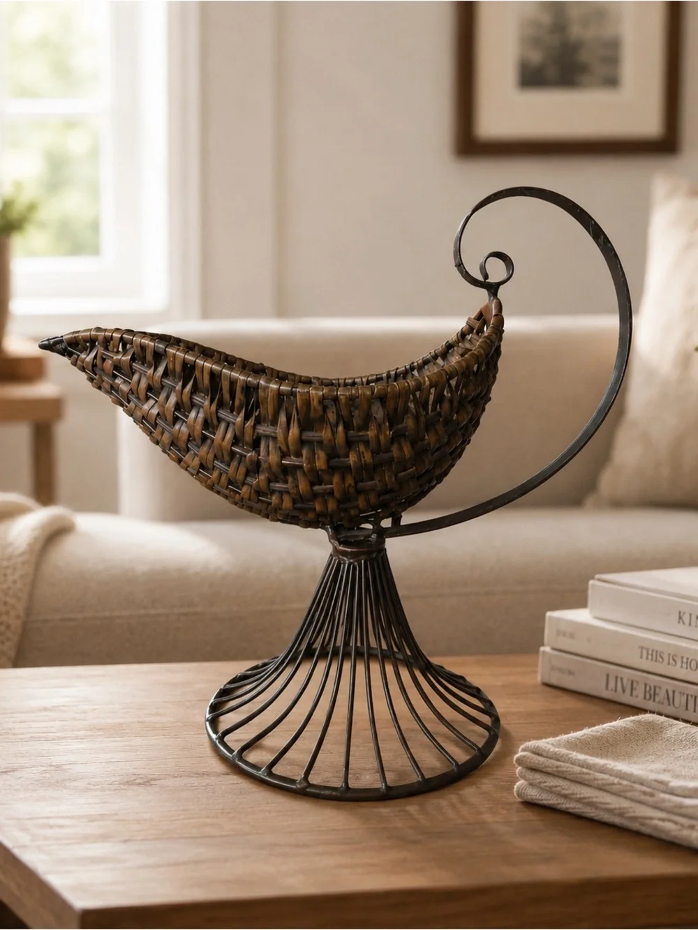 Woven Rattan Wrought Iron Fruit Basket Pedestal Stand Centerpiece MCM Boho